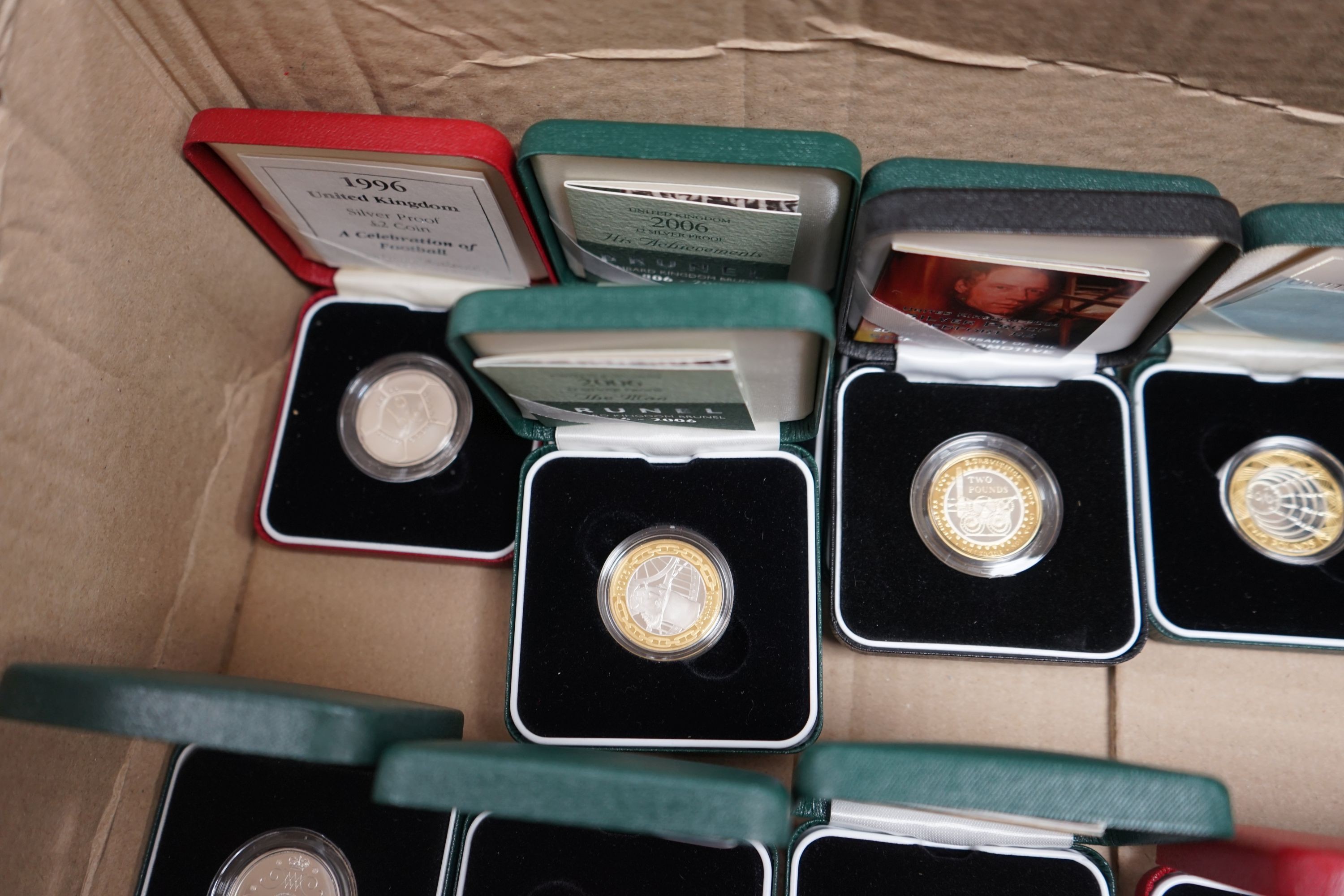 Seventeen cased Royal Mint proof silver £2 coins for 1994, 1996, 1997, 2000, 2 x 2001, 2 x 2003, 2 x 2004, 2005, 2 x 2006, 2007-2009 and 2011-2012